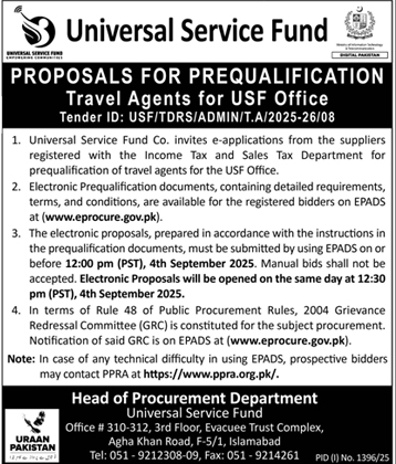 Universal Service Fund Islamabad Tender Notice